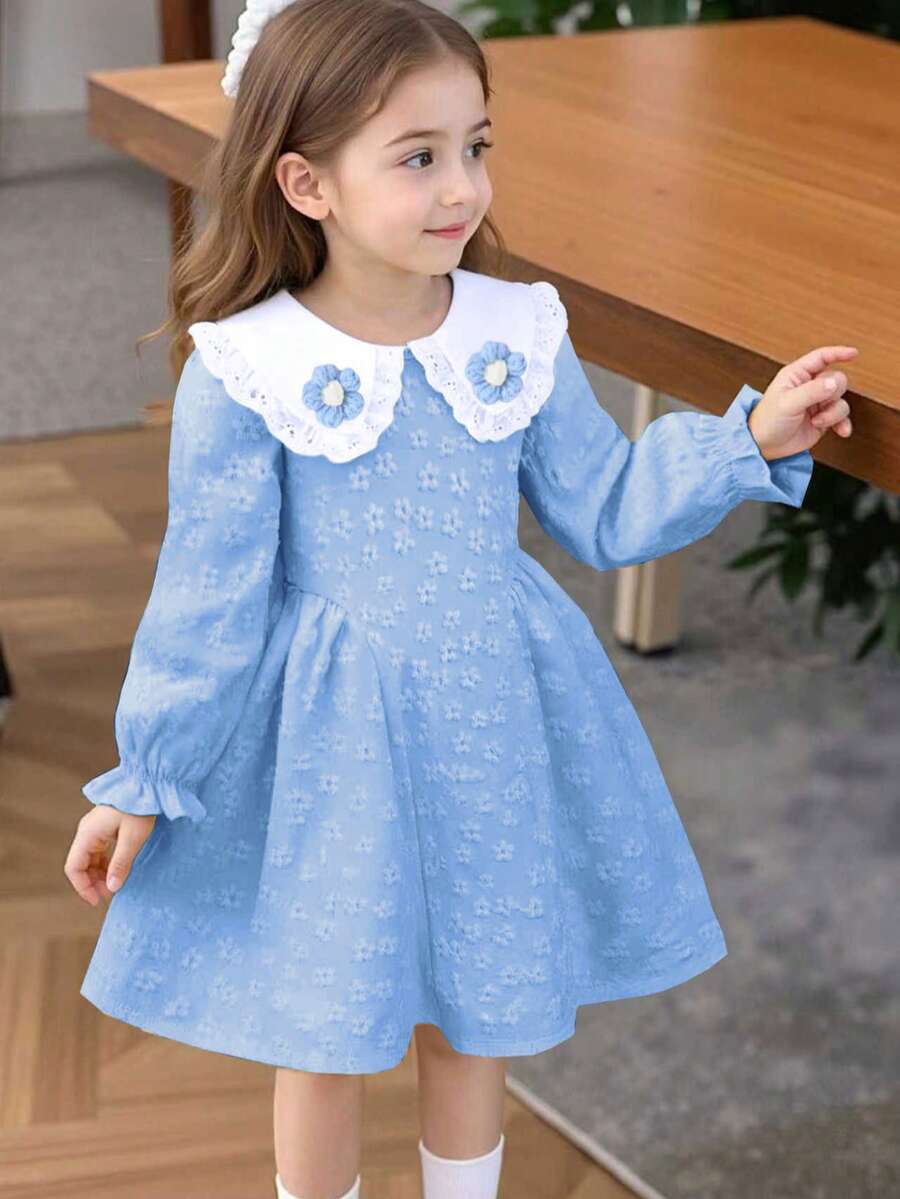 Sunny & Vibrant Girls' Dress, Floral Applique Peter Pan Collar Loose Solid Color Dress, Suitable For Casual, Party, Daily Wear - 藍色 - 查看 1