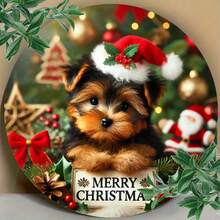 Chiot de Noël avec chapeau de Père Noël, panneau métallique rond de 8x8 pouces, décoration murale pour bar, café, club - impression plate sur métal - décoration festive de Noël - cadeau parfait pour les amateurs de Noël et les passionnés de décoration d'intérieur