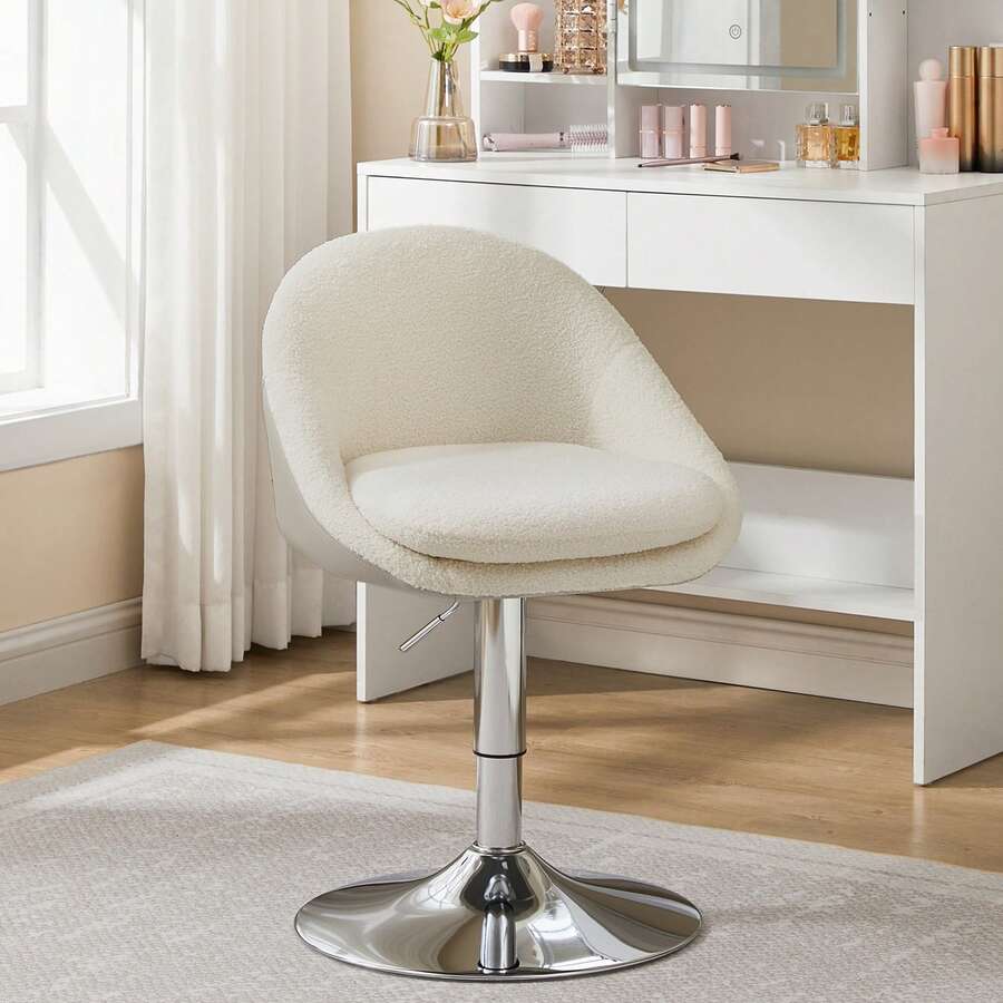 Silla Ajustable, Taburete de Tocador, Silla de Oficina Giratoria, Taburete de Bar con Respaldo y Base, Acero, para Mostrador, Oficina, Tocador, Comedor, Blanco Crema y Gris Plata - Blanco - Ver 1