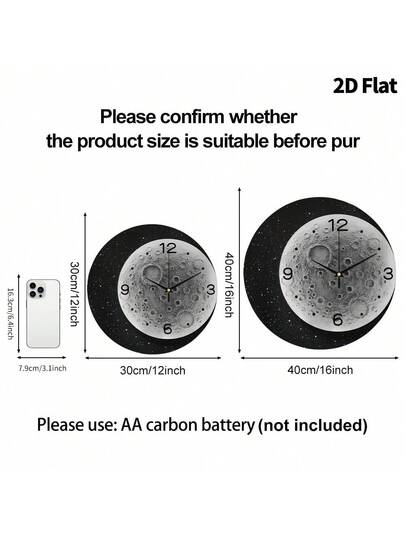 2D Flat 1pc Moderne Minimalist Moon Home Creativity Wand Clock, Ultra Quiet Quartz Movement, No Ticking Sound, ation Painting Klok Living Room, Bedroom Office, able Horloge view 3