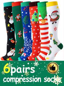 6 par skarpet uciskowych dla kobiet i mężczyzn, skarpety świąteczne, oddychające, wysokie skarpety rurkowe, świąteczne wypełniacze do pończoch, kolorowe skarpety, prezent dla mężczyzn i kobiet na Boże Narodzenie - Wielokolorowe - Zobacz 1
