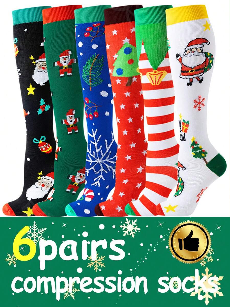 6 par skarpet uciskowych dla kobiet i mężczyzn, skarpety świąteczne, oddychające, wysokie skarpety rurkowe, świąteczne wypełniacze do pończoch, kolorowe skarpety, prezent dla mężczyzn i kobiet na Boże Narodzenie - Wielokolorowe - Zobacz 1