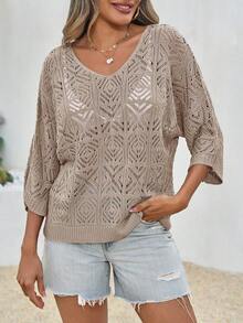 Women Crochet Hollow Out Cover Up Top Off Shoulder 3/4 Sleeve Lightweight Mesh Boho Summer Beachwear - Khaki - View 1