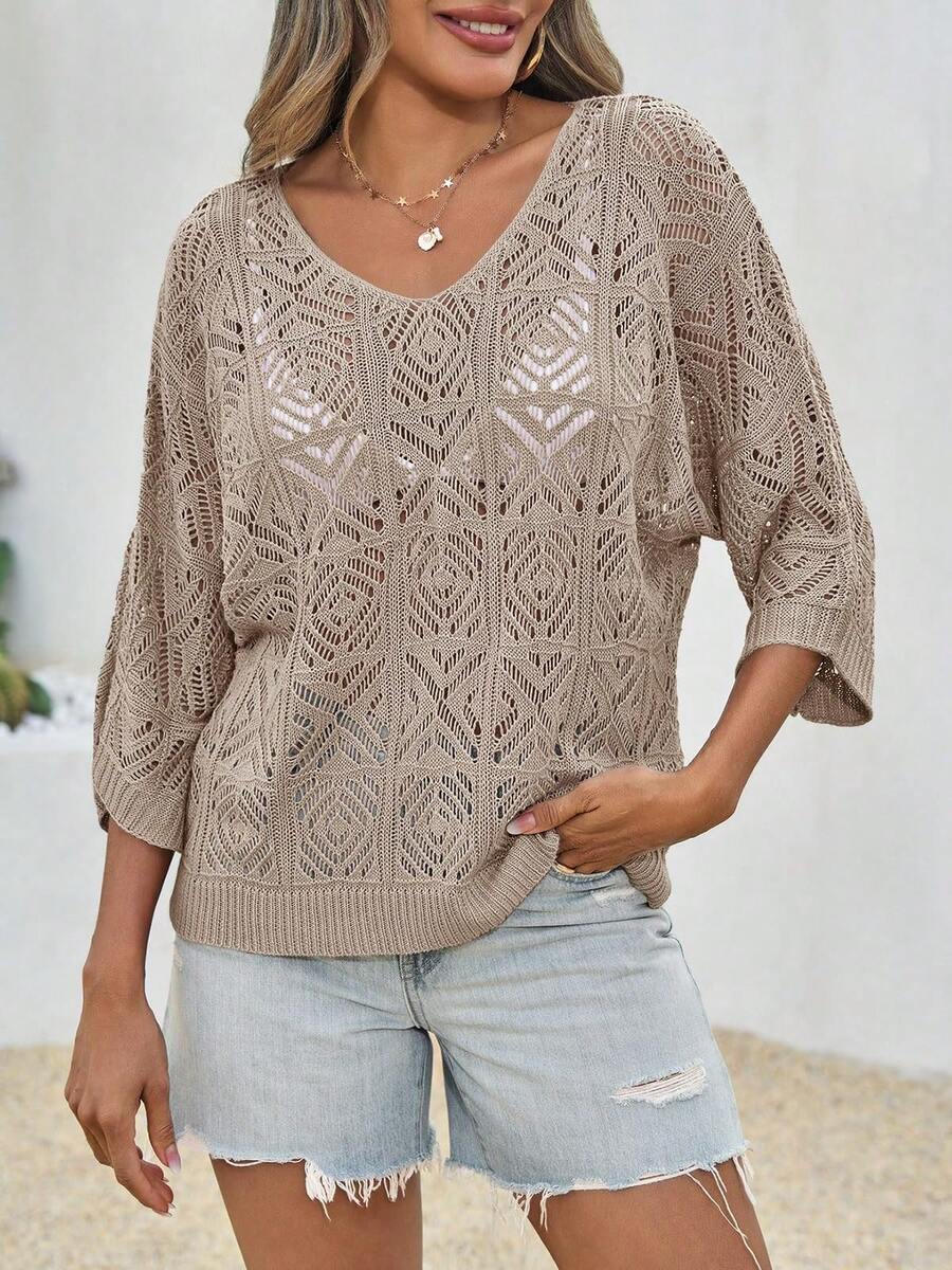Women Crochet Hollow Out Cover Up Top Off Shoulder 3/4 Sleeve Lightweight Mesh Boho Summer Beachwear - Khaki - View 1