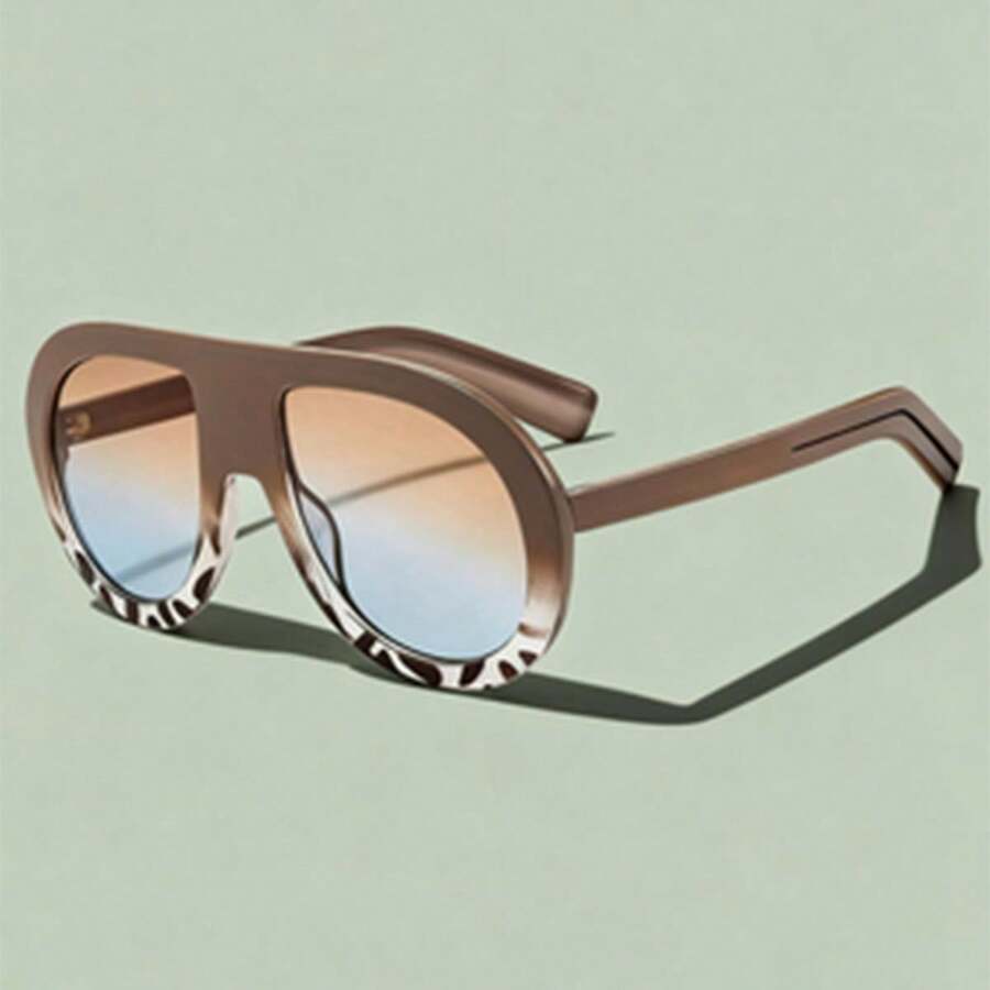 1 Pc/Set, Stylish Oversized Sunglasses, Unisex Personalized High-End Sunglasses Multiple Colors Available Perfect For Daily Dates, Commuting, Street Style Outfits, Or As A Gift Includes A Glasses Case - 咖啡頂和豆腐茶藍色鏡片 - 查看 1