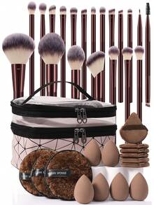 36pcs Makeup Brush Set Includes 20 Soft Long-Handle Flat-Bottom Makeup Brushes, Including Powder Brush, Blush Brush, Contour Brush, Shaping Brush, Foundation Brush, Nose Shadow Brush, Eyeshadow Brush, Eyebrow Brush, Lip Brush, Detail Brush + 1 Travel Double-Layer Makeup Bag + 6 Triangular Sponge Powder Puffs + 6 Liquid Cosmetic Beauty Eggs + 3 Facial Cleansing Sponges. Professional-Grade Makeup Brush Set For A Perfect Makeup Look. - Multicolor - View 1