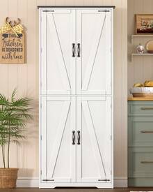 Hoher Lagerschrank, Küchenschrank mit 4 Regalen, verstellbare Regale, Vorratsschränke mit 4 Scheunentüren, freistehender Schrank für Küche, Esszimmer, Wohnzimmer, weiß