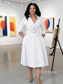 Elegant Women's 3/4 Sleeve A-Line Dress With Belt Party Wedding Guest Office Lady Work Church Semi-Formal Casual Dress - 白色 - 查看 3
