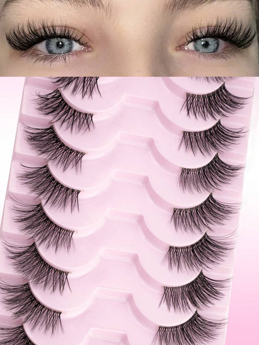 10 Pairs Cat Eye Style Natural Crossing Lengthening Transparent Band Semi-Eyelashes, 3D Faux Mink Soft False Eyelashes, Reusable, Suitable For Women Daily And Party Wear - 黑色 - 查看 1