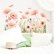 2 件彩色花卉墙贴 - 现代乙烯基贴纸，带有粉色、桃色、黄色、蓝色和绿色花朵和蝴蝶 - 可移除、自粘装饰，适用于客厅、卧室或家庭墙壁、花卉装饰