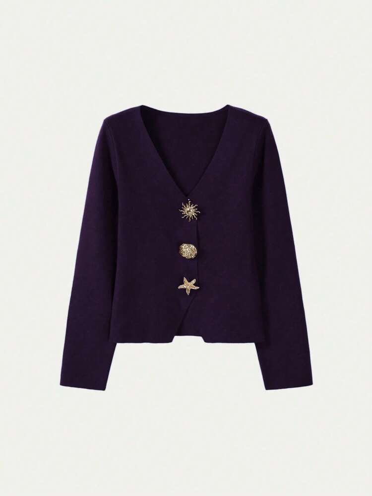 FOR BEAUTY 女士纯色V领不规则纽扣针织开衫长袖上衣，时尚、简约、优雅、休闲、百搭、宽松风格，适合日常通勤、毛衣外套、秋冬服装、新年穿着 - 醬紫 - 查看 3