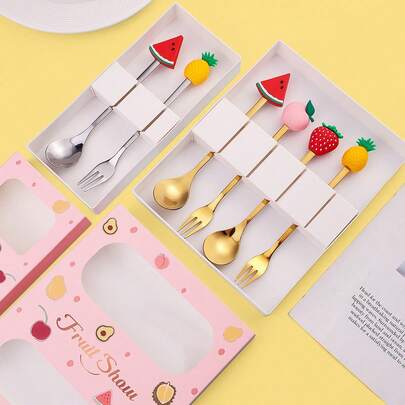 Juego de cuchara y tenedor de acero inoxidable, juego de combinación de cuchara y tenedor con figura de fruta de dibujos animados, set de regalo para vacaciones, caja de regalo de tenedor de fruta y cuchara recuerdo