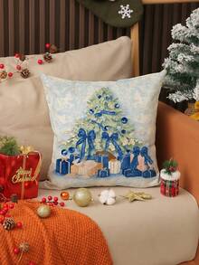 1 pieza/4 piezas Funda de almohada de lino con estampado de árbol de Navidad y duende regalo, 17.7*17.7 pulgadas/45X45cm, funda de cojín decorativa para habitación, dormitorio, sofá, sin relleno de almohada