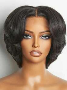 4"X4" Lace Front Short Wig, Pixie Cut Human Hair Wig, Glueless Short Wig For Women, Suitable For Daily Wear, Party, Black Color With Middle Part Bangs - Black - View 7