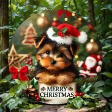 Chiot de Noël avec chapeau de Père Noël, panneau métallique rond de 8x8 pouces, décoration murale pour bar, café, club - impression plate sur métal - décoration festive de Noël - cadeau parfait pour les amateurs de Noël et les passionnés de décoration d'intérieur