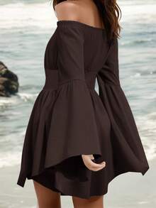 Womens Halloween Pirate Dress Renaissance Costume Ruffle Off Shoulder Bell Sleeve Swing Dress - Cà phê - Xem 2