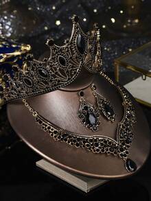 哥特式新娘四件套：皇冠、项链、耳环、婚礼配饰，适合万圣节化妆舞会 - 黑色 - 查看 5