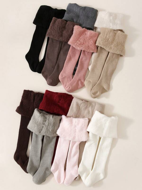 3 pièces/set Collants/Leggings/Collants sans pieds pour filles, design rayé de couleur unie, doublure en polaire confortable et chaude, convient pour les fêtes d'anniversaire, les cadeaux de vacances, la rentrée scolaire, les voyages, les sports de plein air et le port quotidien, automne/hiver