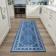 Washable Area Rug 5x7 - Soft Faux-Wool Area Rug Living Room Bedroom, Boho Vintage Floral Medallion Non-Slip Low Pile, Pet Friendly, Blue White - 藍白 - 查看 3