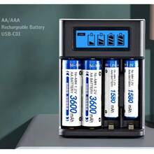 带液晶显示屏的4槽AA/AAA电池充电器，适用于游戏机、遥控器和其他设备