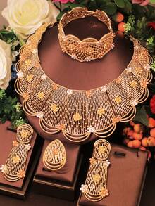 1 Set High-Quality Gold-Plated Jewelry Set, Including 1 Oversized Statement Necklace, Earrings, Bracelet And Ring. Suitable For Ladies To Wear To Balls, Parties, Banquets, Weddings And Daily Occasions.