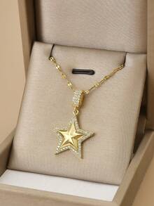 1pc Fully Crystalized Stainless Steel Luxury Star Necklace For Women - Yellow Gold - View 7
