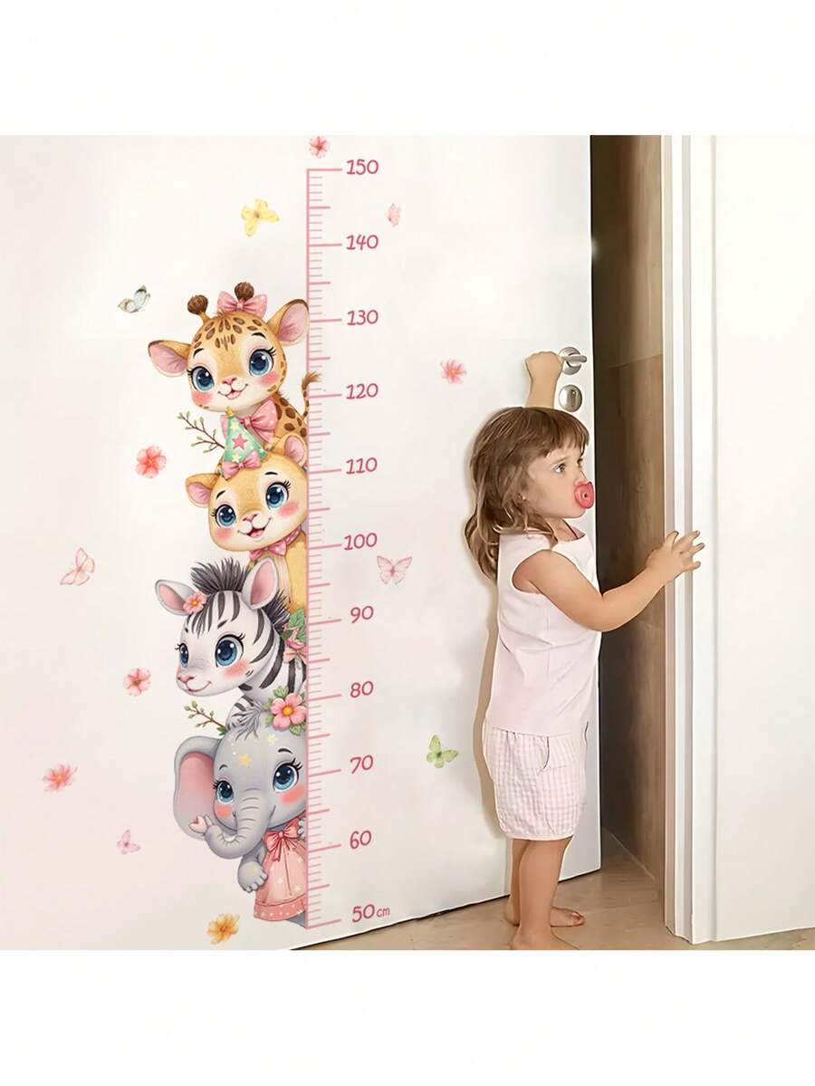 可爱的 4 种动物身高表墙贴，带有长颈鹿狮子斑马大象图案，可移除育儿室贴花，适用于粉色房间婴儿房装饰，易于粘贴，教育成长测量艺术 50-150 厘米和动物贴花和圣诞礼物 - 彩色 - 查看 1