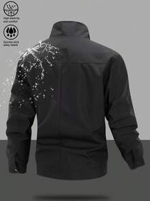 Men's Lightweight Casual Stand Collar Jacket, Multiple Pockets On Left And Right Chest With Zipper Design, Classic Fashion Minimalist Style, Bomber Jacket Silhouette, Long Sleeve Design, Suitable For Daily Wear, Fashionable Outerwear Choice, Suitable For All Seasons - Black - View 2