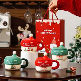 New Gift Box Packaging Christmas Cute Ceramic Mug With Lid, Household, Office, Couples Water Cup, High-Quality Souvenir, Ideal Christmas Gift