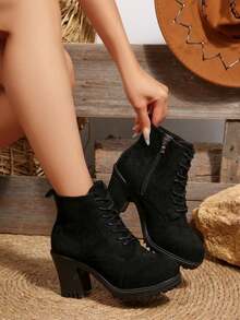 Botas de Tornozelo de Salto Alto Marrom Femininas, Botas de Plataforma Impermeáveis de Bico Redondo na Moda com Salto Grosso, Botas Curtas Versáteis de Inverno/Outono Novas com Zíper Lateral Marrom e Botas de Tornozelo, Botas Curtas de Salto Alto de Cor Sólida, Botas de Vestido de Salto Alto, Botas Curtas Femininas com Cadarço na Frente