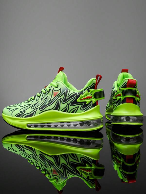 1 Pair Random Printed Fire Pattern Lace-Up Cushioned Sports Shoes For Outdoor, Spring/Autumn