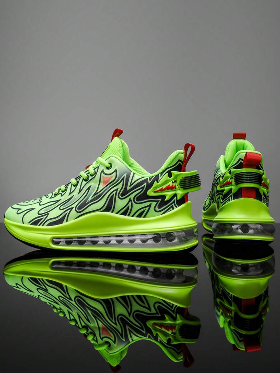 1 Pair Random Printed Fire Pattern Lace-Up Cushioned Sports Shoes For Outdoor, Spring/Autumn