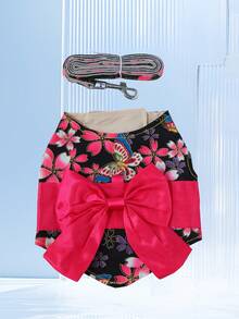 1 件可爱时尚的宠物狗连衣裙，拼色花卉印花，带丝带系带设计，带牵引绳附件和可调节胸部/颈部