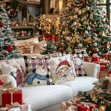 4PCS Christmas Decorative Pillow Cover, Featuring Santa Claus, Snowman, Christmas Tree, Hello Winter, Snowflakes, Festive Cottage Decor, Suitable For Home Decoration, Single-Sided, Pillow Insert Not Included