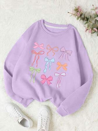 少女蝴蝶结印花运动衫圆领长袖 T 恤女童休闲舒适秋季时尚服装