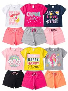 10 Piece Clothing Kit For Girls, Teens, And Women Summer Sizes 1 To 16: 5 Cropped T-Shirts/Blouses + 5 Bermuda Shorts/Shorts For Kids, Ready For Delivery, Feminine, Fun Prints With Shine - 彩色 - 查看 3