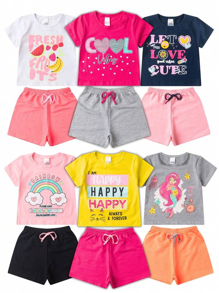 Kit 10 Peças Roupa Conjunto Infantil Menina Juvenil Feminino Verão Tamanho 1 ao 16 5 Camisetas/blusas Cropped + 5 Bermudas/Shorts Criança Pronta Entrega Feminina Estampas Divertidas com Brilho - Multicolorido - Visão 3
