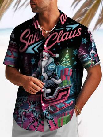 Herrskjorta i plusstorlek med jultomten, renar och snöflingetryck, pikékrage och fickor, kortärmad, casual, semestermode, fritid och utomhus