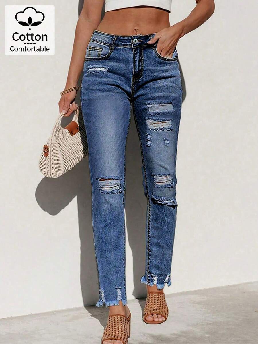 Women's Straight Leg Ripped Distressed Pockets Frayed Hem Casual Jeans - Dark Wash - View 1