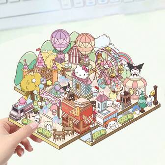 Sanrio 2PCS贴纸+1张背景卡贴可爱卡通三丽鸥游乐园2.5D风景贴纸DIY贴纸堆叠粘贴收藏书相册卡通场景小屋贴纸相册节日生日礼物