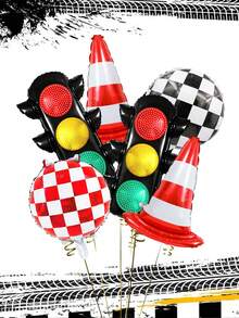 6pcs Racing Car Theme Balloon Set, Includes Traffic Light, Barrier, Checkered Balloons, Suitable For Fast Racing Car Theme, Motorcycle, Birthday Party, Party Decorations, Traffic Signal Lights, Racing Car Theme Party Supplies - 彩色 - 查看 3