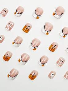 Halloween 24Pcs Short Square Grimace, Spider Webs And Pumpkin Pattern Design French Tip Press On Nails Fit Perfectly Design Acrylic False Nails Set, Halloween Nails For Ladies For Daily Wear And Holidays Nail Supplies Nails - Multicolor - View 5