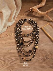 1pc Handmade Multilayer Wooden Bead Necklace, Exaggerated Bohemian Style For Party, Beach, Holiday Usage