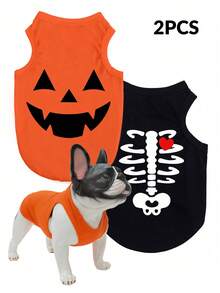 LUCKIE LABO 2 件/套万圣节骷髅印花防跳蚤、减少脱落、隔热、透气黑色背心，适合猫狗，室内外使用