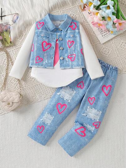 3 Stücke/Set Mädchen Frühling/Herbst Herz Muster Weste, Sweatshirt und Leggings 3-teiliges Outfit, geeignet für legere Unternehmungen
