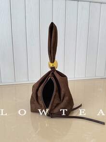 low tea 1pc Solid Color Suede Fabric Handbag For Women, Personalized Mini Cloud Pleated Bag With Metal Decor Zipper Closure, Suitable For Daily And Outing Use - Coffee - View 8