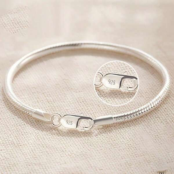 1pc 925 Sterling Silver Snake Bone Bracelet, Simple Style, Suitable For Men And Women, Daily And Party Wear, Valentine's Day Gift, Jewelry For All Seasons