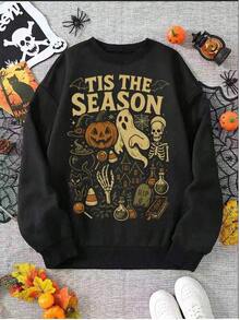 Halloween Print Drop Shoulder Sweatshirt Fall Cloth Women Plaid Cotton Long Sleeve Autumn Women Clothing