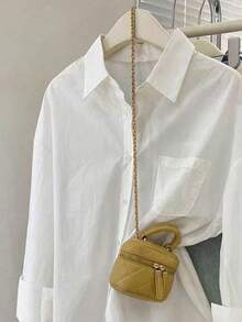 Camisa informal de manga larga para mujer con cuello alto en color liso y un bolsillo frontal, perfecta para el trabajo o el día a día - Blanco - Ver 3