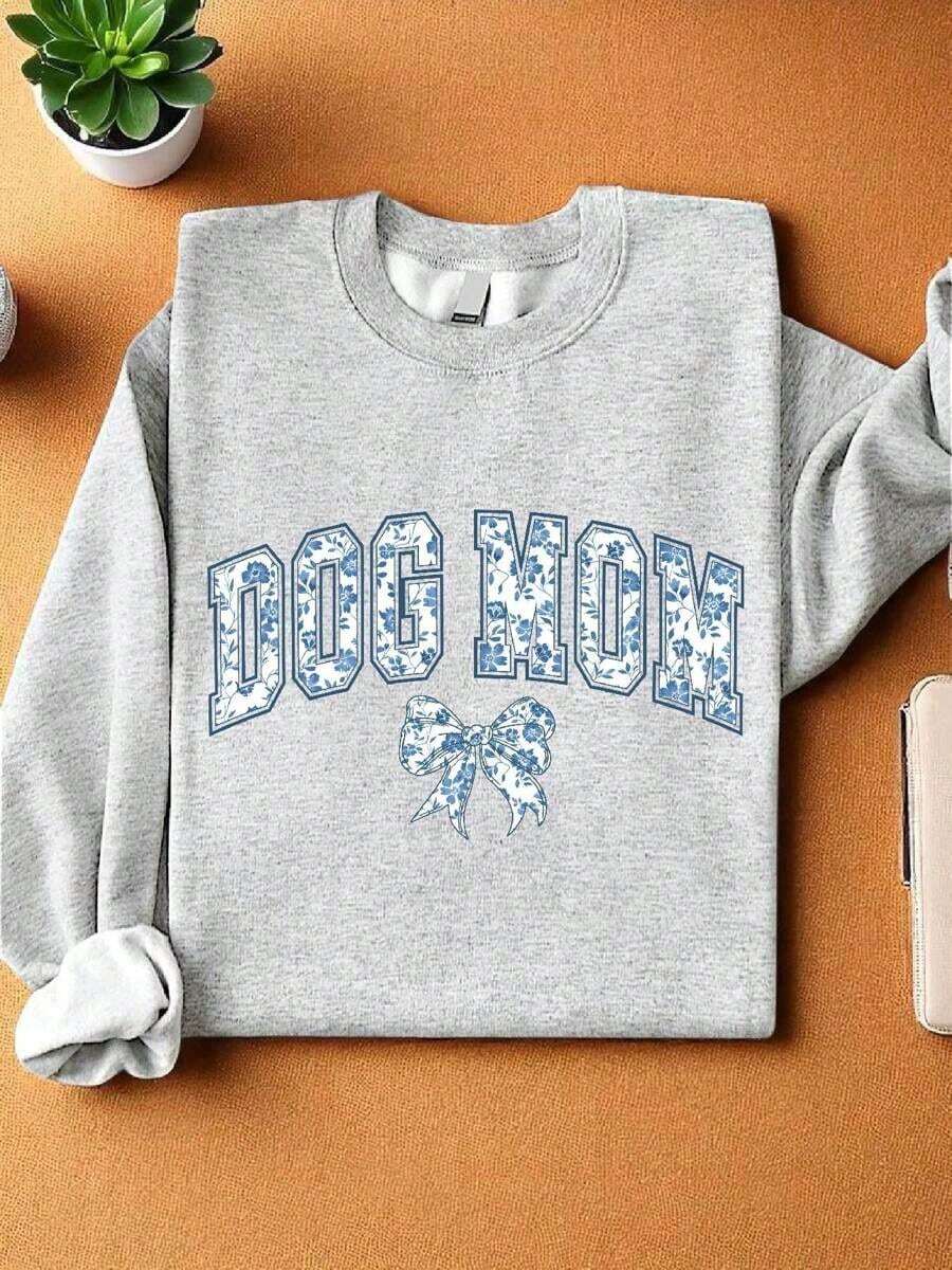 Dog Mom Coquette Bow Sweatshirts, Coquette Christian Mom Sweater, New Dog Mom Long Sleeve Sweatshirts, Blue Floral Dog Mom Gift - 灰色 - 查看 1